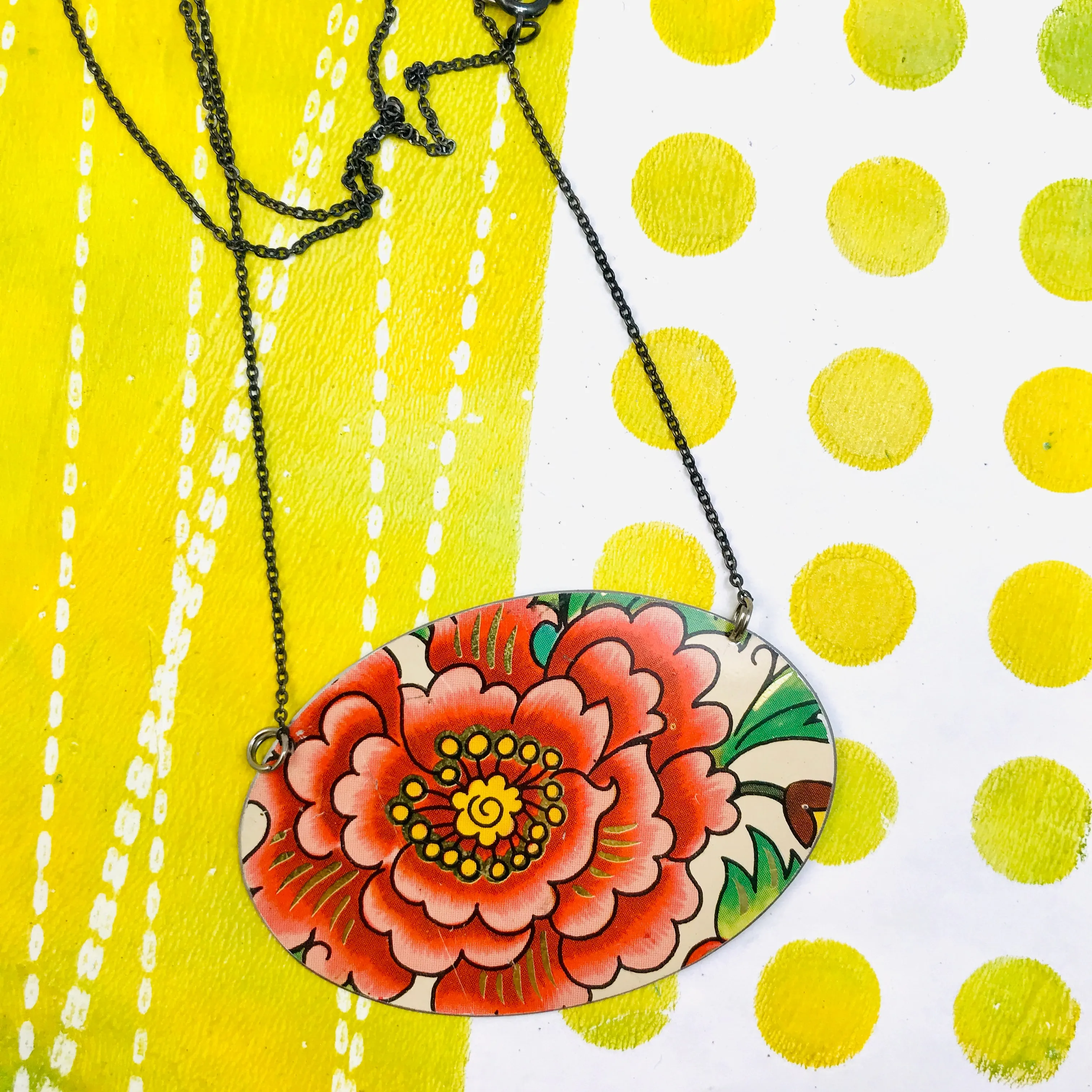Big Deep Pink Blossom Zero Waste Tin Oval Necklace