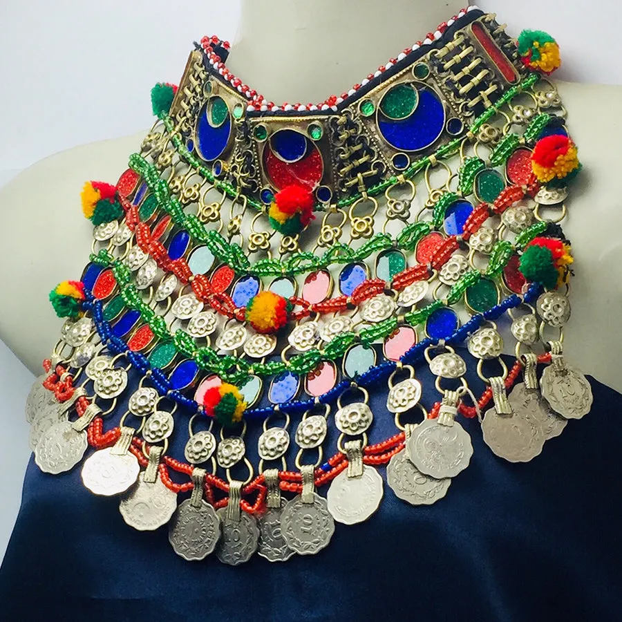 Boho kuchi Multicolor Stones and Coins Choker