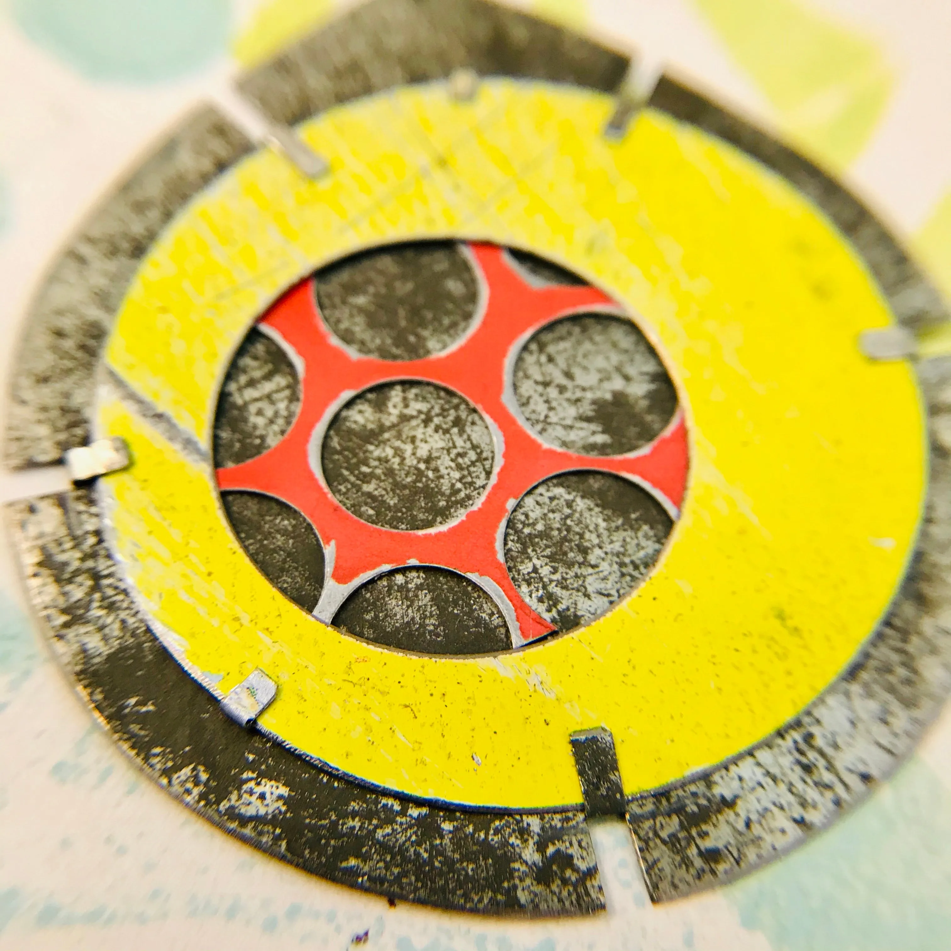 Encircled Red in Sunny Yellow Upcycled Tin Earrings