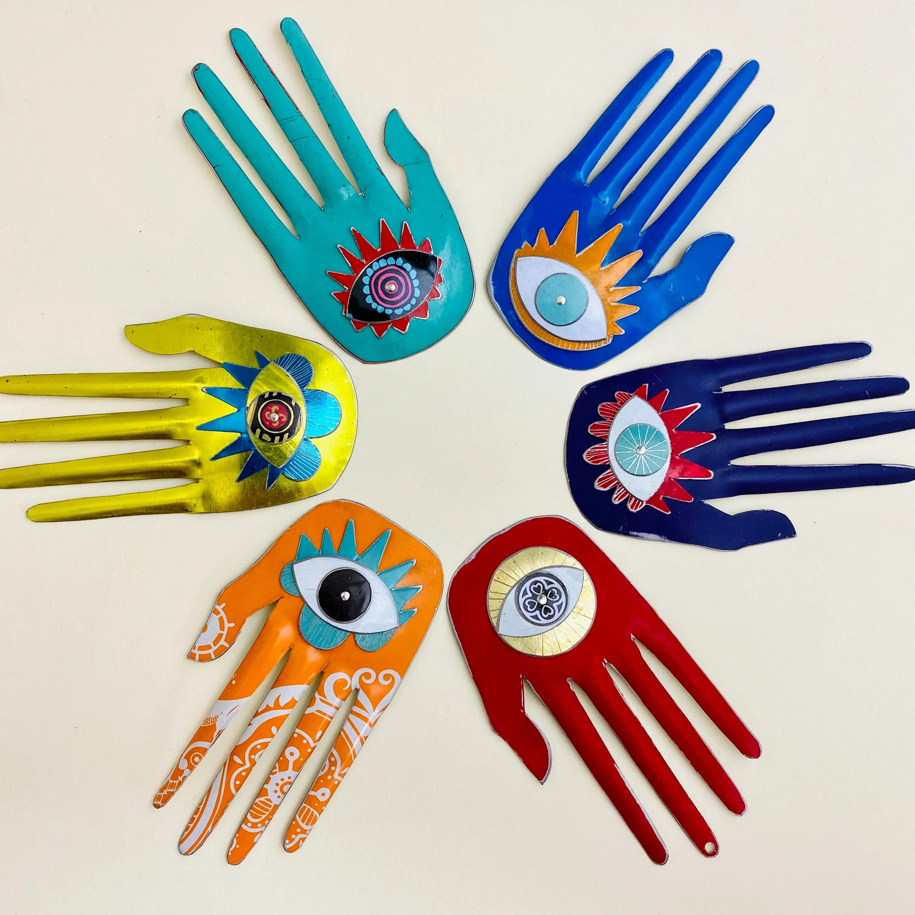 Large Hamsa In Sky Blue & Persimmon Tin Wall Art