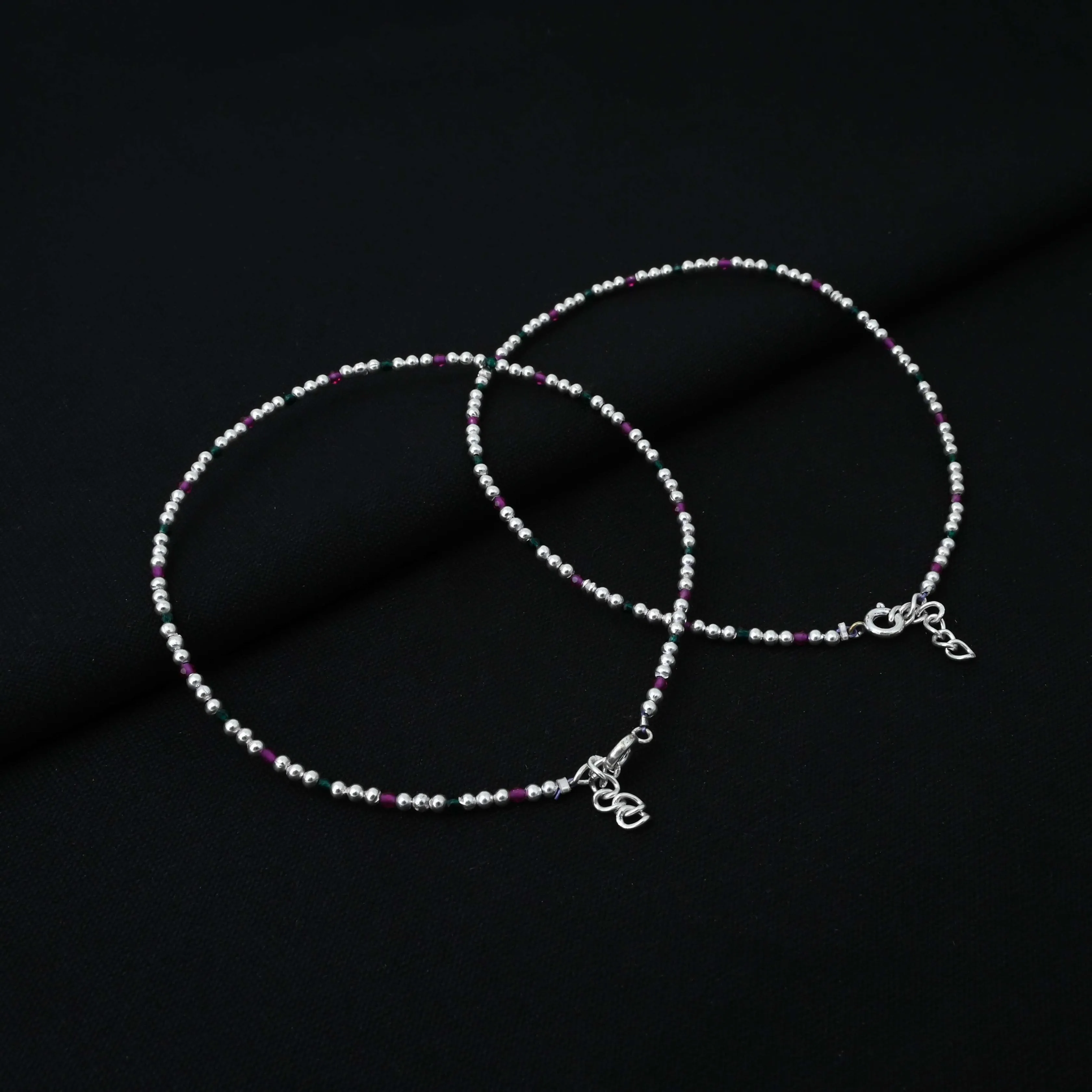 Silver Pink and Green Beads Payal